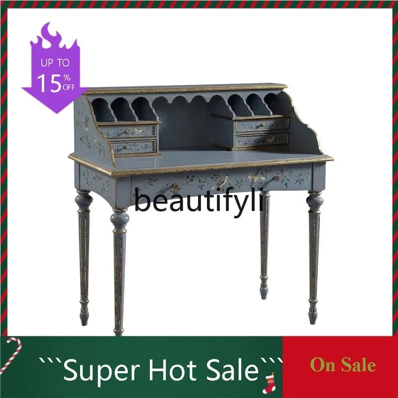 P62  Solid wood birch European neoclassical painting five buckets with drawers green blue writing desk
