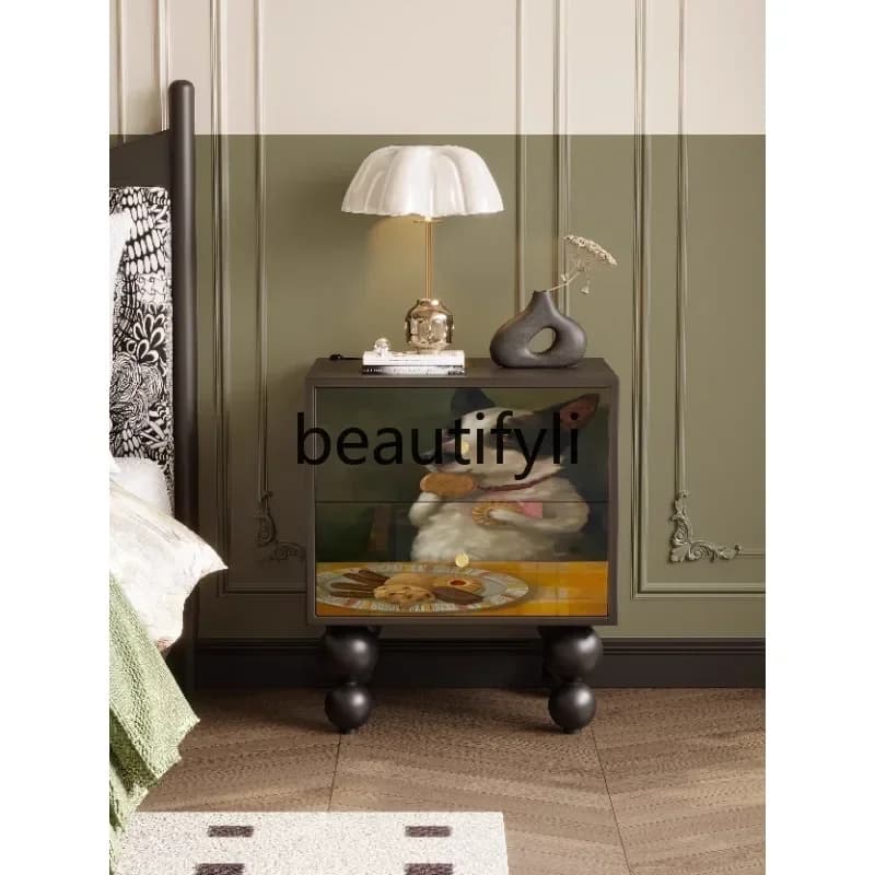 54Cream wind bedside table French retro solid wood storage locker bedside decorative cabinet