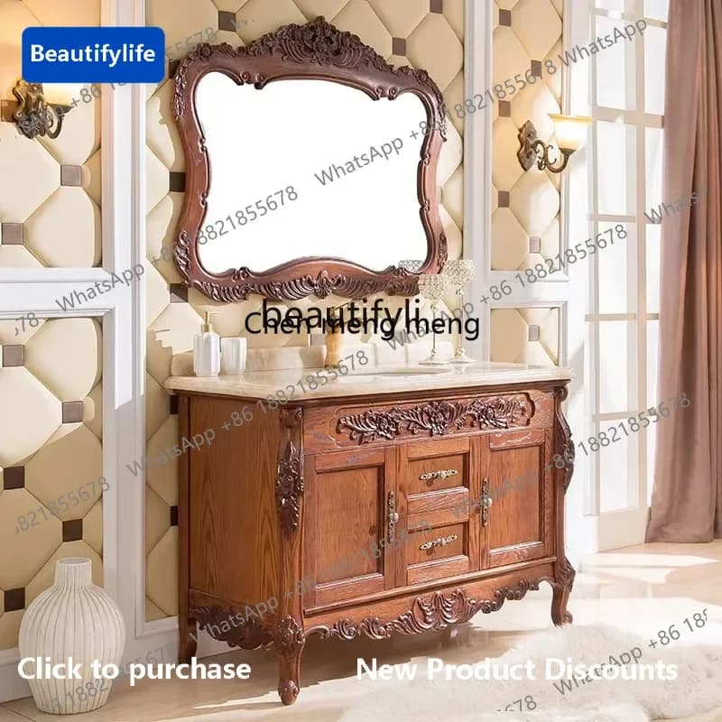 183European bathroom cabinet red oak floor-to-ceiling antique solid wood hand wash table combination6005
