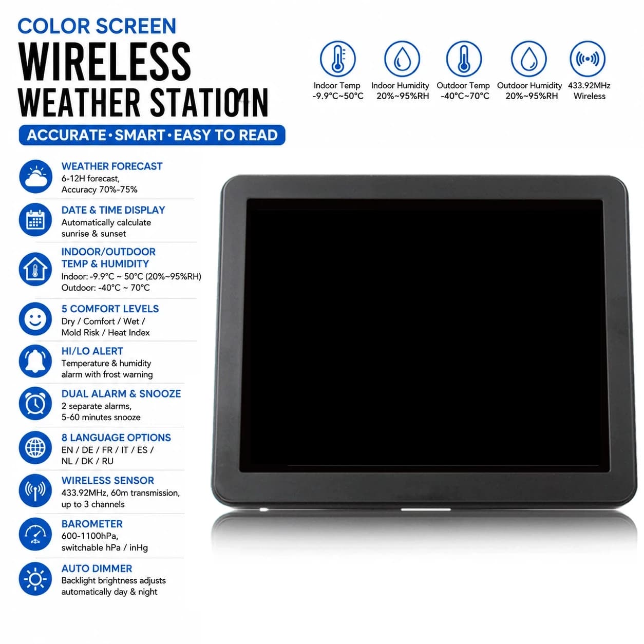 Digital Weather Station Wireless Indoor Outdoor Thermometer Hygrometer Alarm Clock Sunrise Sunset Forecast for Home Office