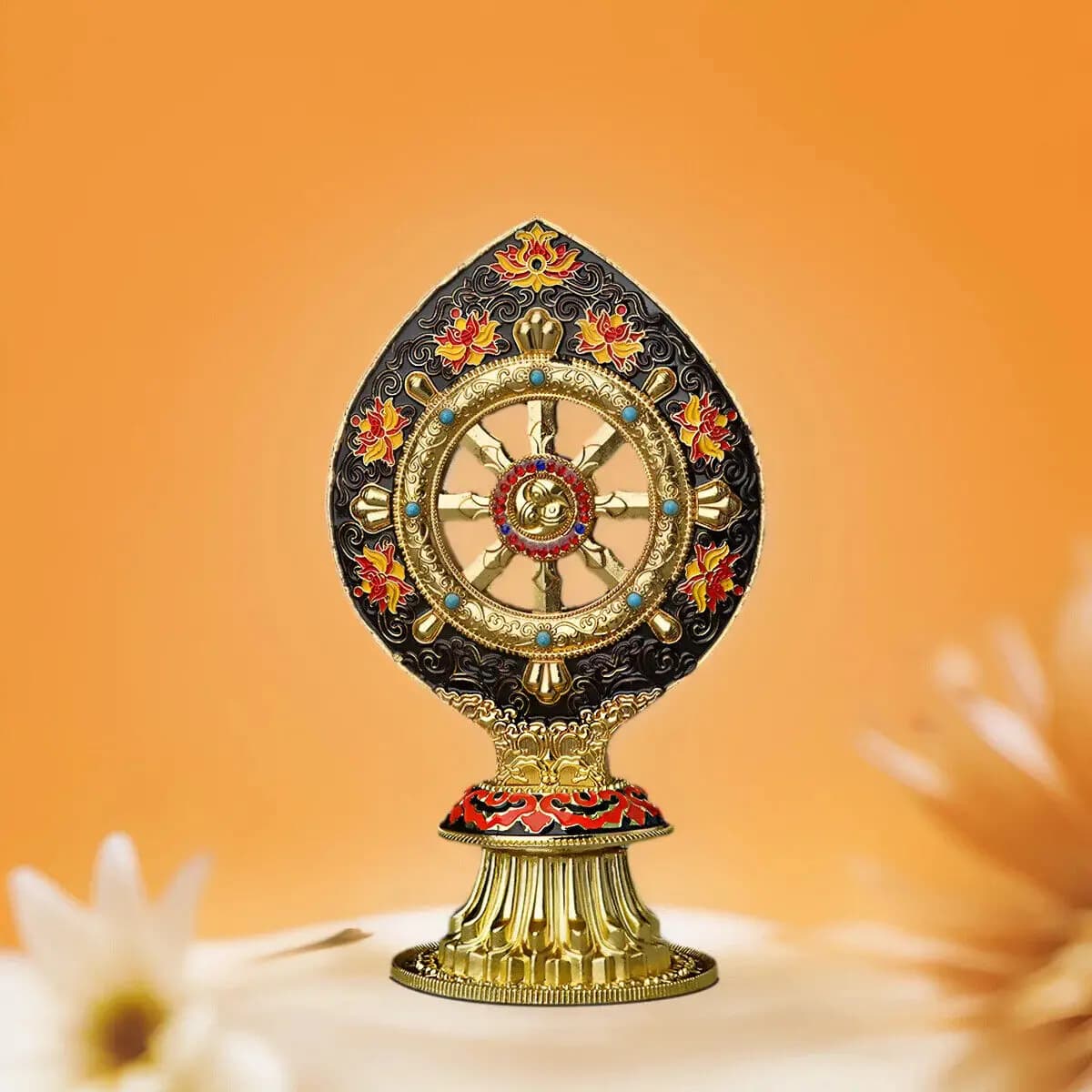 Metal Buddhist Wheel of Dharma Statue Tibetan Decorations Sculpture Feng Shui