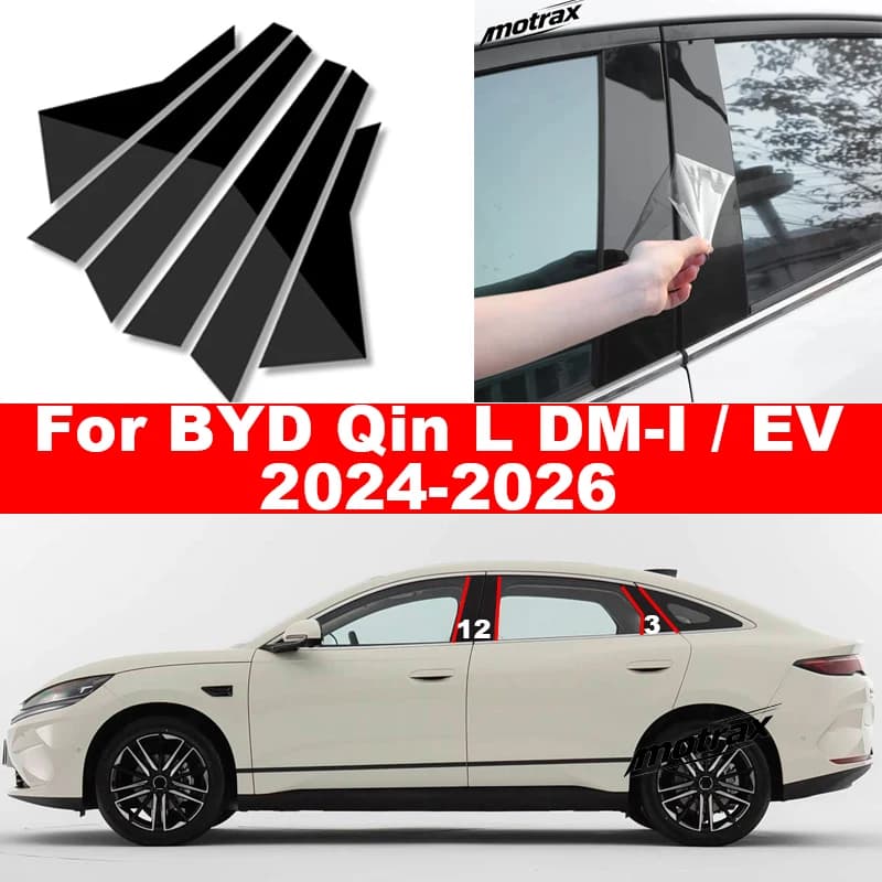 Glossy Black Door Trim Pillar Posts Window Trim B C Column Sticker Decor Cover for BYD Qin L DMI EV 2024 2025 2026 Accessories