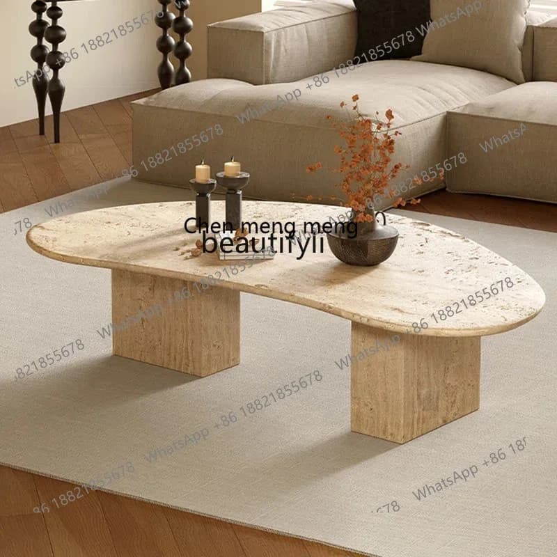 Natural travertine coffee table special-shaped geometry, living room home coffee table light luxury, wabi sabi coffee table2936