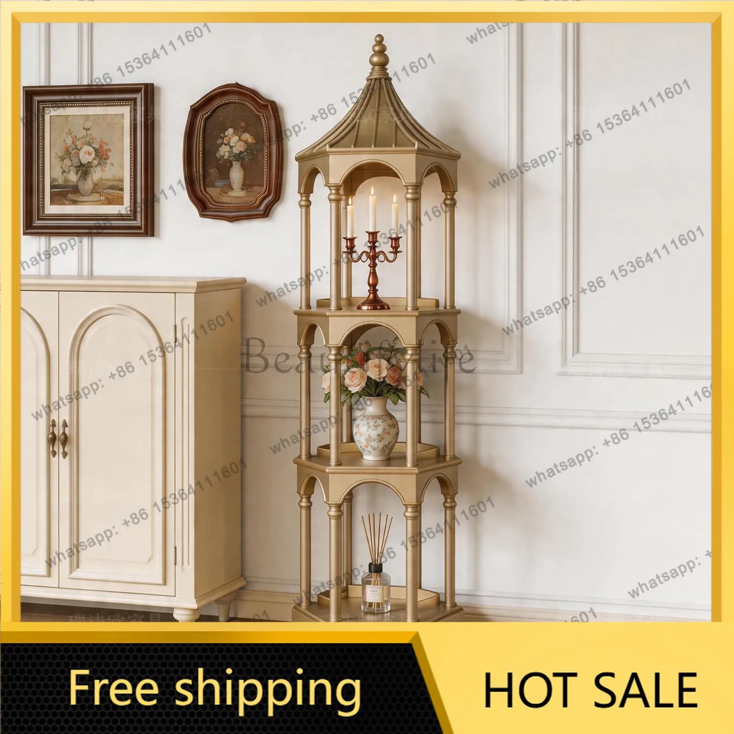 Factory Direct American retro champagne color pagoda-shaped three-layer shelf decorative display case