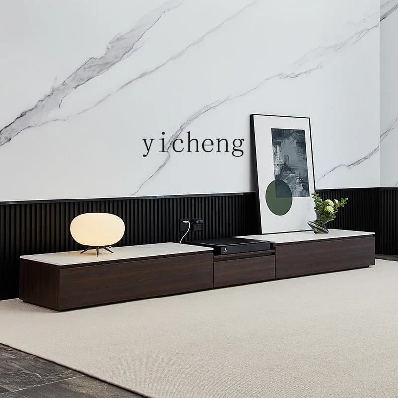 Minimalist Rock Panel TV Cabinet Coffee Table Combination Smoked Wood Light Luxury Laser Floor CabinetD17