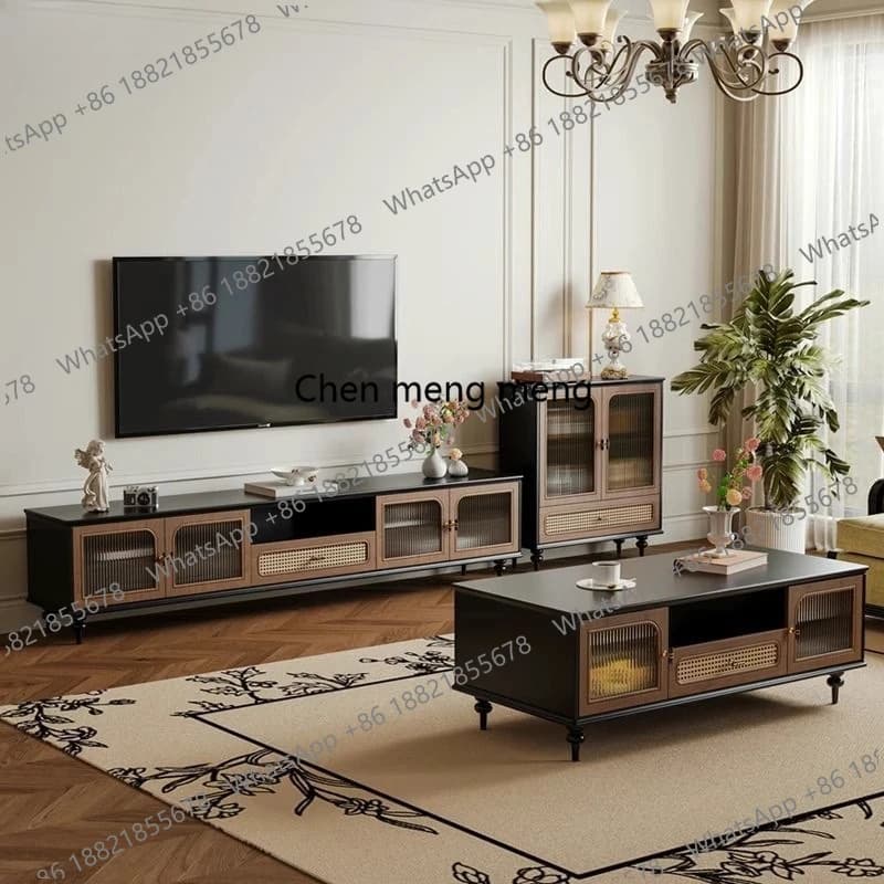 Medieval TV cabinet coffee table combination retro rattan home living room small apartment locker floor TV cabinet