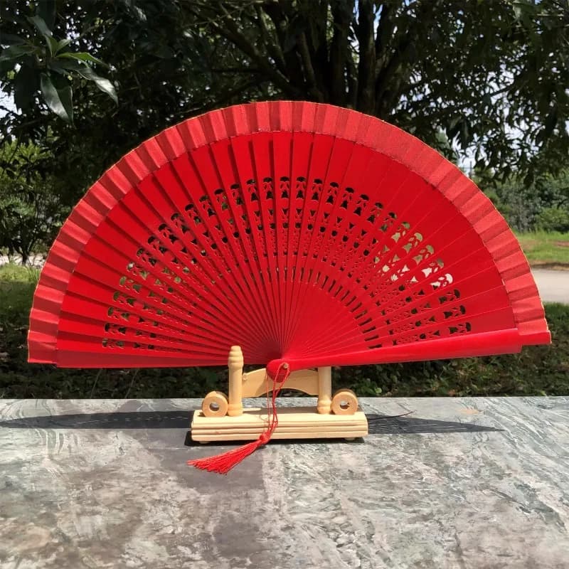 Red Hollow Moon Star Double-sided Wooden Bones Elegant Hand Folding Stage Fan Japanese Geisha Dance Props Palace Performance Fan