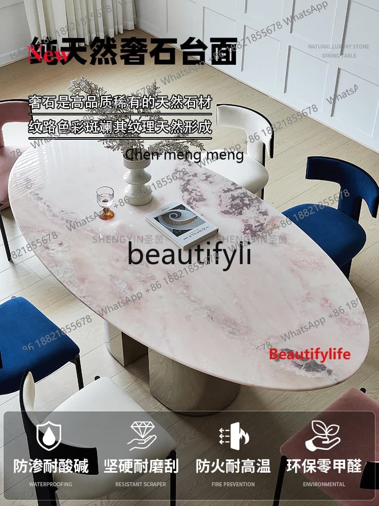 A32 Pink Diamond Luxury Stone Dining Table Translucent French Style Pure Natural Marble Oval Dining Table