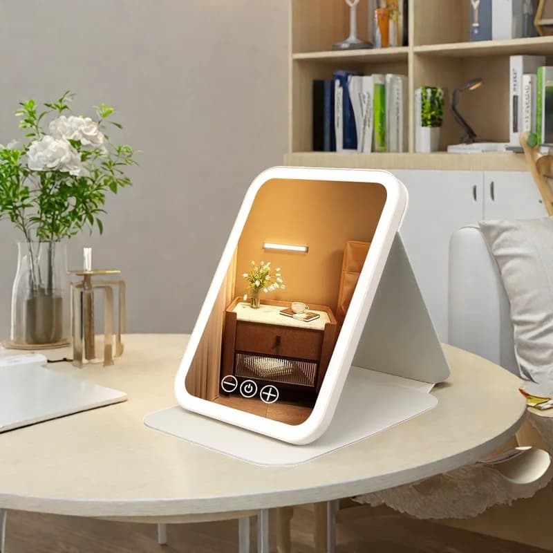 Makeup mirror with lamp led portable desktop vertical dormitory home mirror pu leather mirror