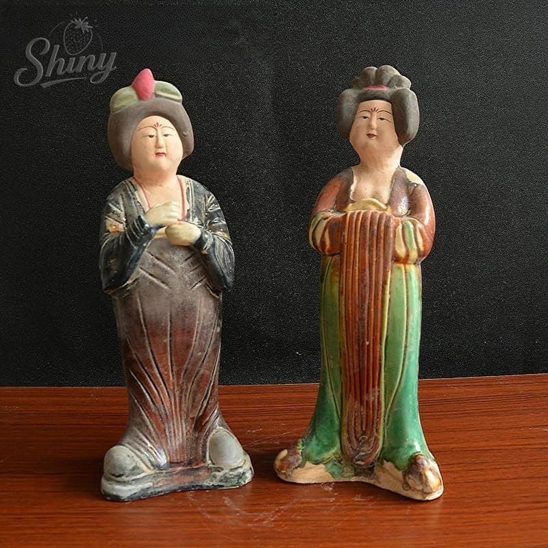2pcs Old China Tang Sancai Porcelain Dynasty Palace Beauty Sacrifice Statue Home Room Office Tea Room Decoration Sculptures