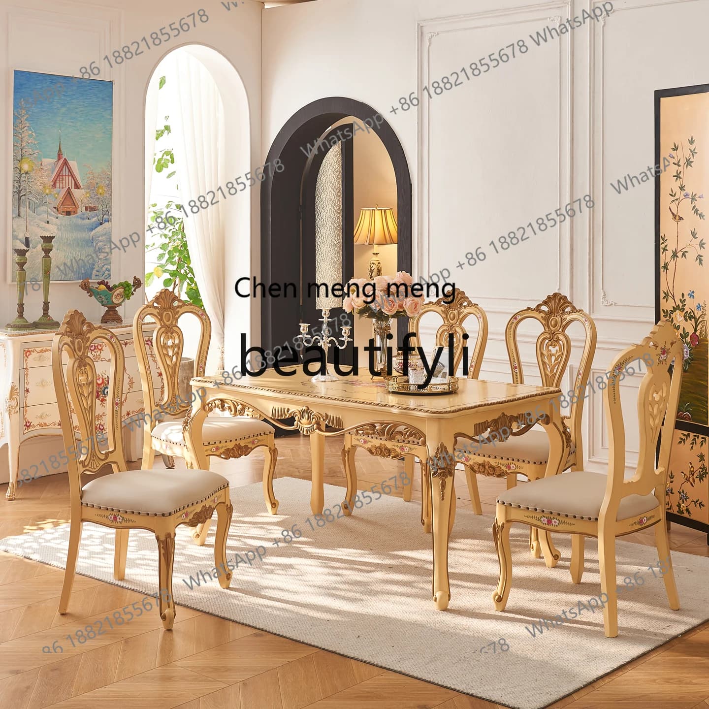 Retro small French solid wood painted rose dining table and chair combination European rectangular dining table