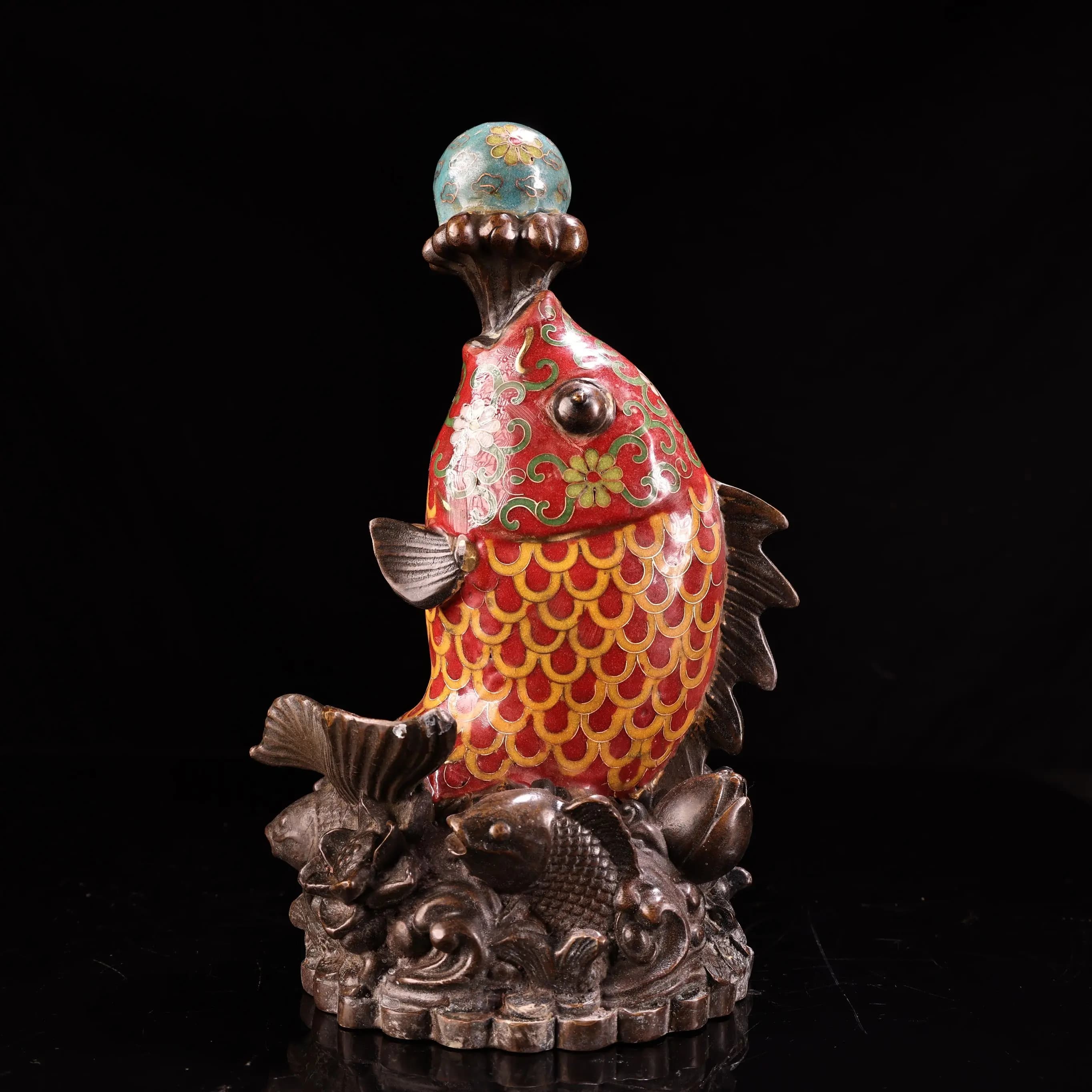 10"Xizang Folk Old Bronze Cloisonne Enamel floral pattern Carp Statue Spitting Balls Fortune Fish Amass wealth Ornaments