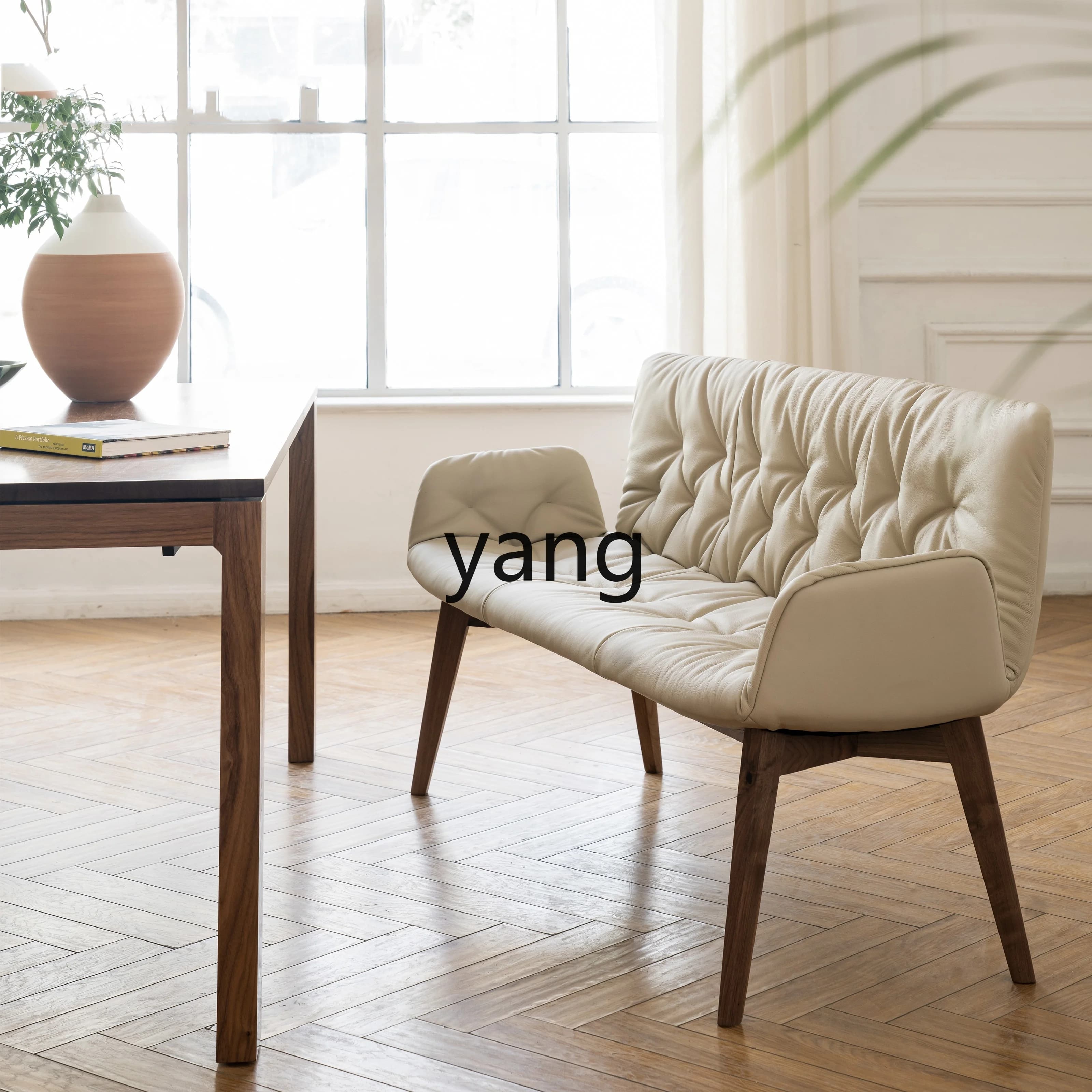 LTT， solid wood sofa dining chair living room simple modern first layer cowhide backrest bench