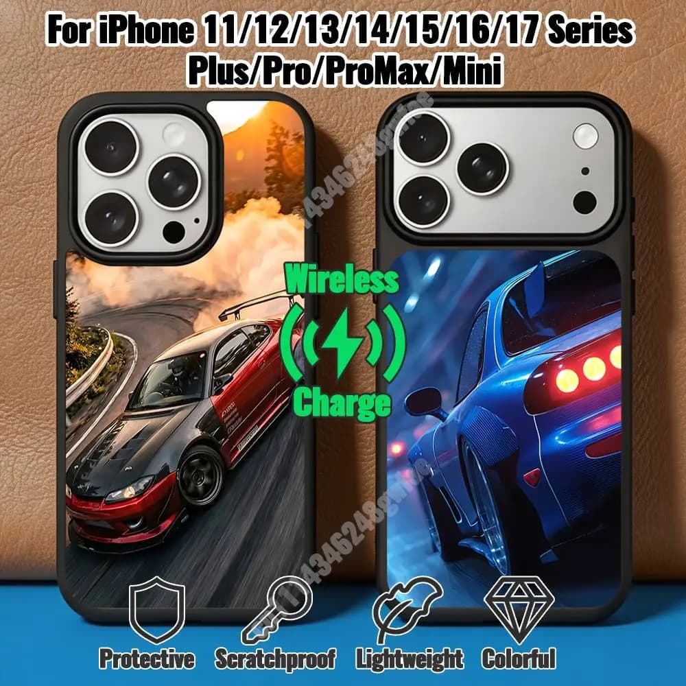 Neon City JDM Sports Car Drifting Magnetic Charge Case for iPhone 17 16 15 14 Pro Plus 13 12 11 Max Mini Outdoor Bumper
