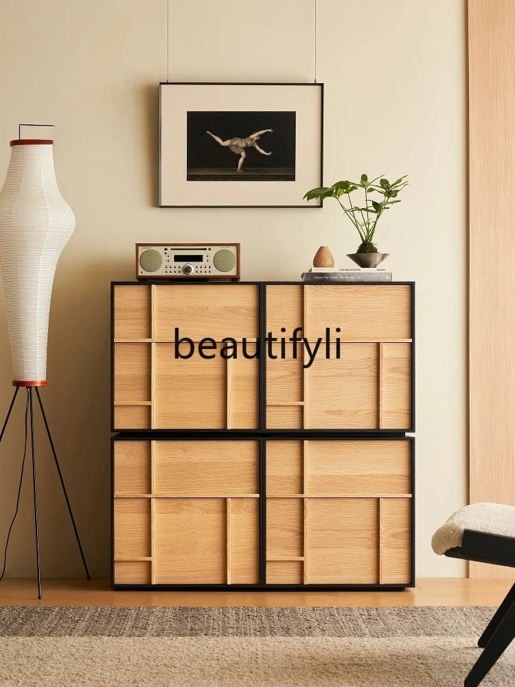 Combination side cabinet contrasting color solid wood retro simple storage home living room TV cabinet