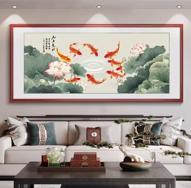 Chinese Style Lotus and Nine Fish Painting Print Art Canvas Poster, Living Room, Study, Foyer, Bedroom, Decor