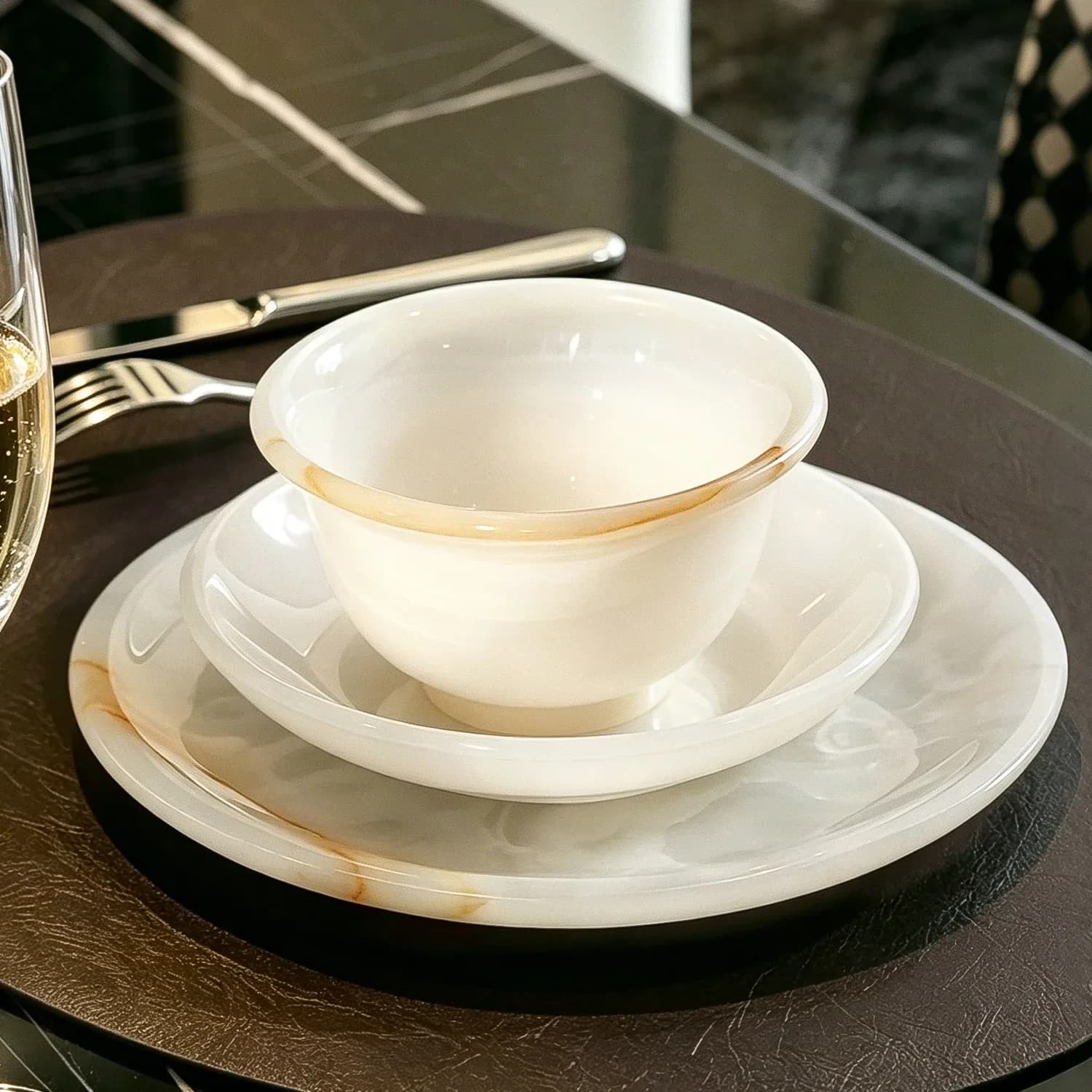 White Onyx Natural Marble Dinnerware Luxury Tray Plate Dish Bowl Tableware Set Kitchen Dining Table Decor Gift