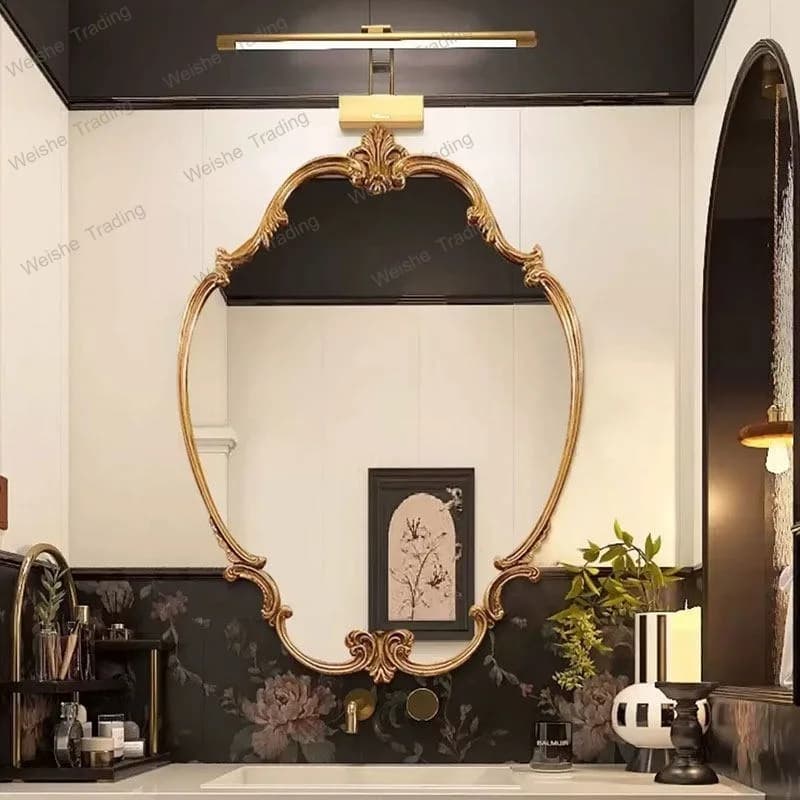 Light luxury retro carved bathroom entrance makeup mirror bedroom decorative mirror wall hanging special-shaped dressing mirror