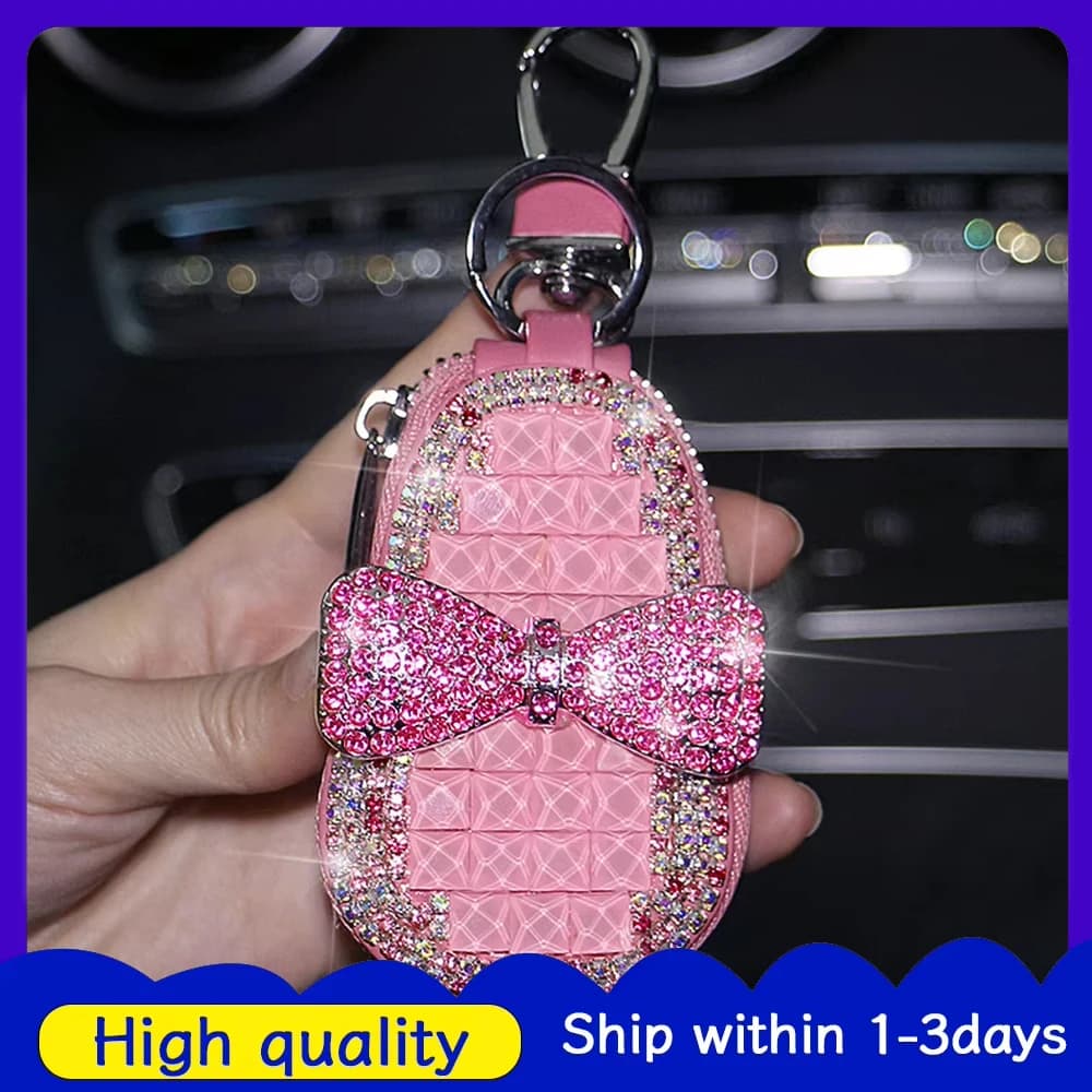 Pink Bling Car Leather Key Bag Bowknot Crystal Key Case Pendant Bracket Car Key Case Shiny Crystal for Most Car Keys