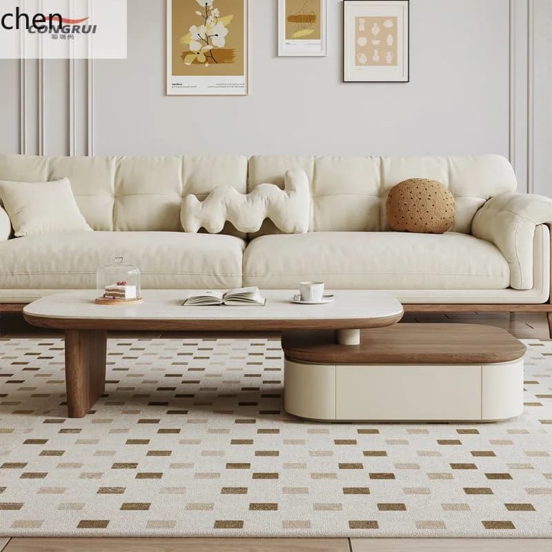 YFY Home Living Room Small Apartment Vintage Style Round Coffee Table Small Round Table TV Cabinet Combination Coffee Table