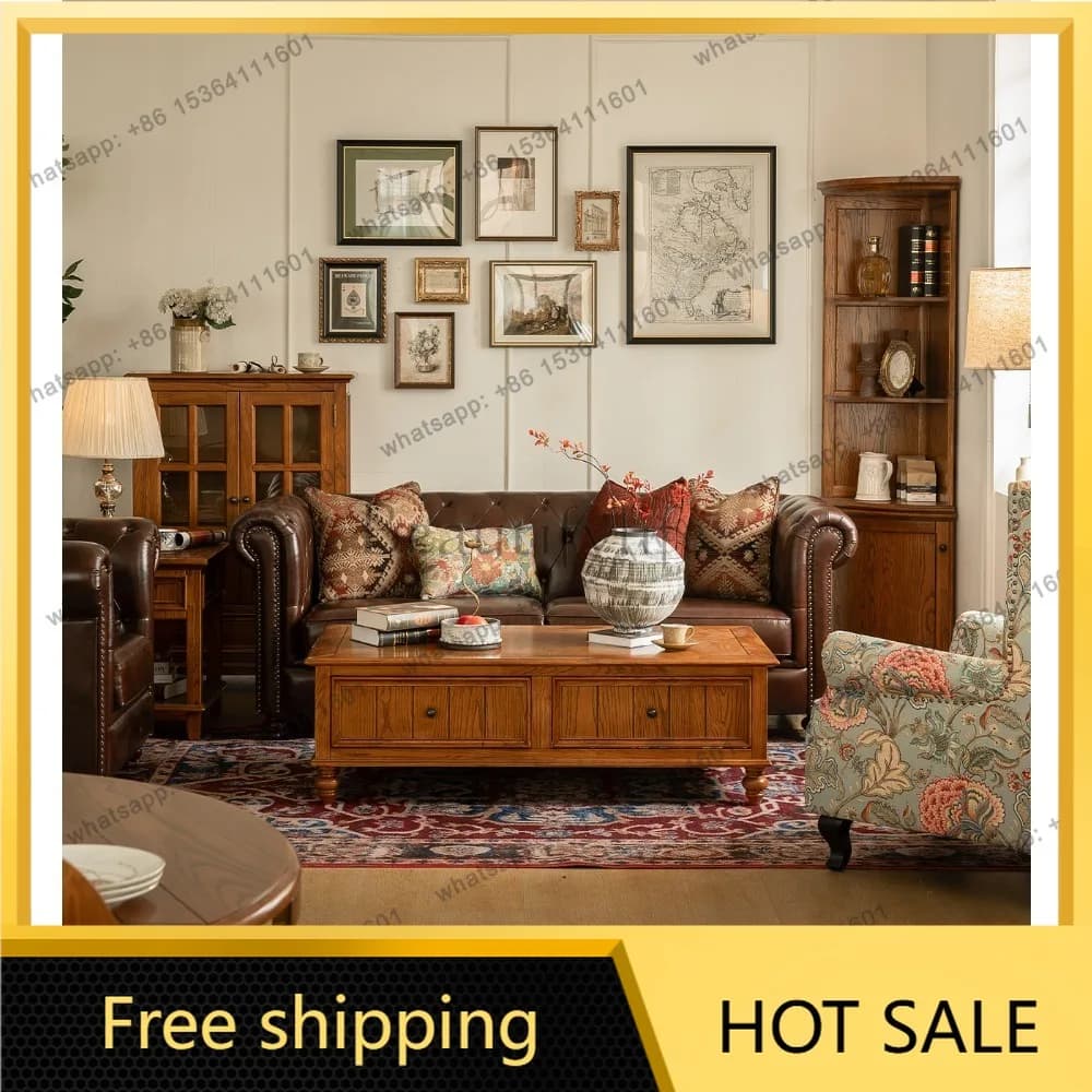 FG American solid wood coffee table retro simple drawer tea table storage furniture
