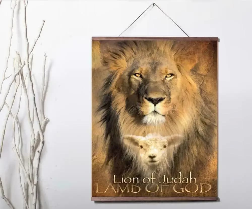 LION OF JUDAH LAMB OF GOD RELIGIOUS canvas Poster Canvas Scroll Painting with wood
