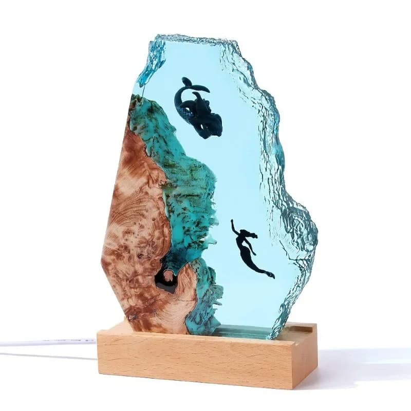 Home decoration mermaid, hammerhead shark desktop office, art ornaments turtle jellyfish, solid wood gifts resin lamp