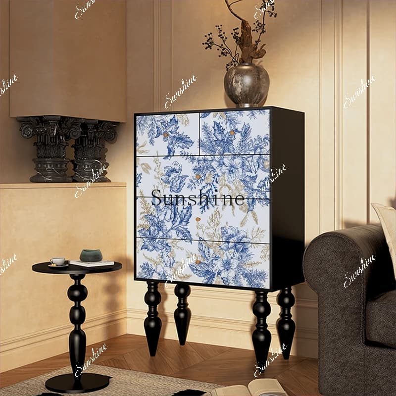 Retro flower and bird solid wood chest cabinet home living room painted decoration multi-functional locker  FT