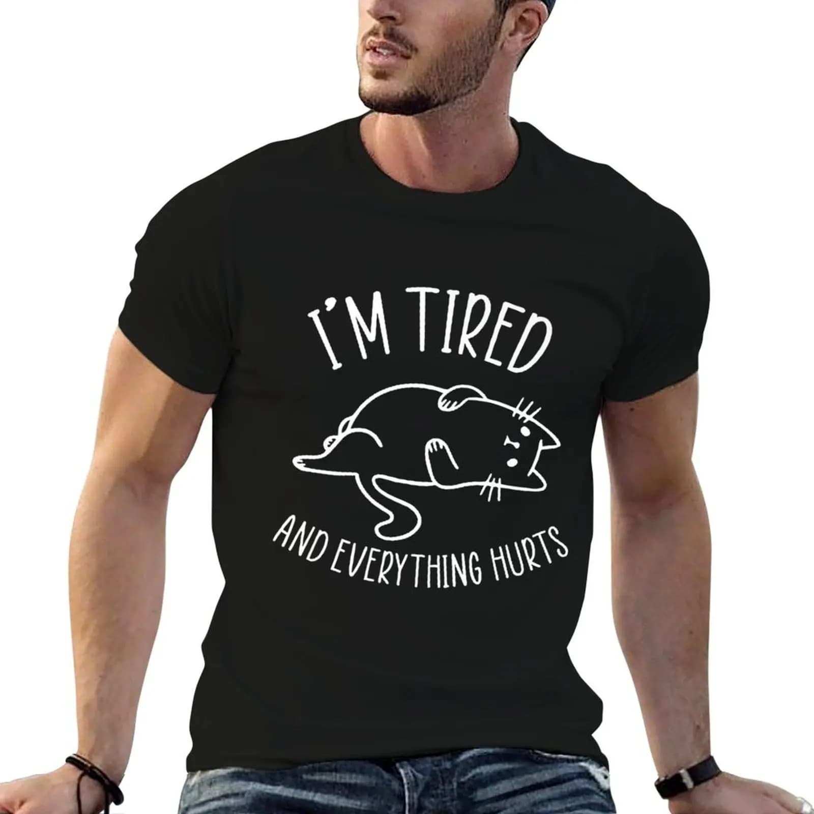 Funny Cat I’m Tired And Everything Hurts Sleepy Cat T-Shirt Funny t-shirts funny costumes t shirts for men