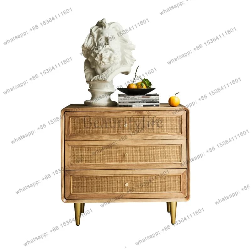 Nordic solid wood simple modern storage multi-functional bedside table rattan storage cabinet