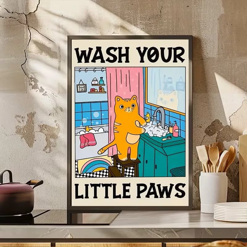 Canvas Posters Modern Art Wash Little PAWS Fun Cat Posters Printed Art Canvas Paintings Kitchen Corridor Walls Home Decoration