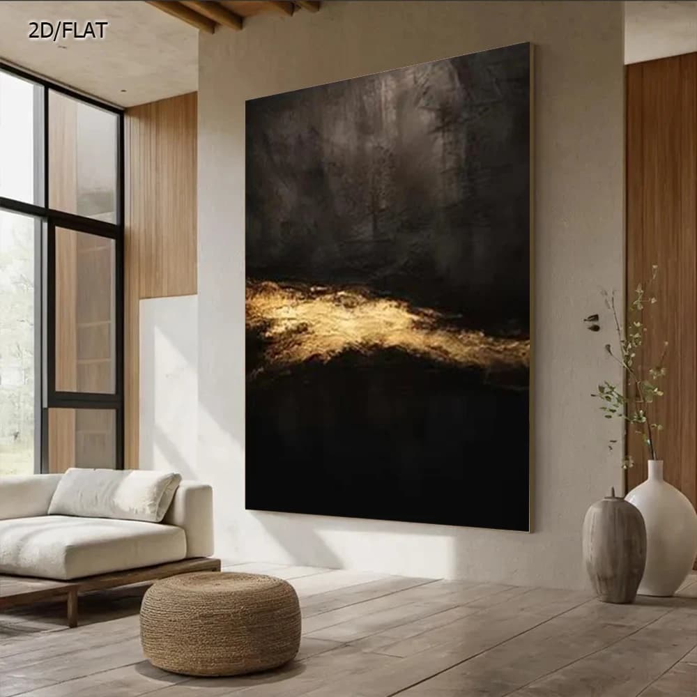 100% Handmade Abstract Oil Painting - Black Canvas with Golden Beam Wall Art Picture for Home Living Room Decor Image Artwork