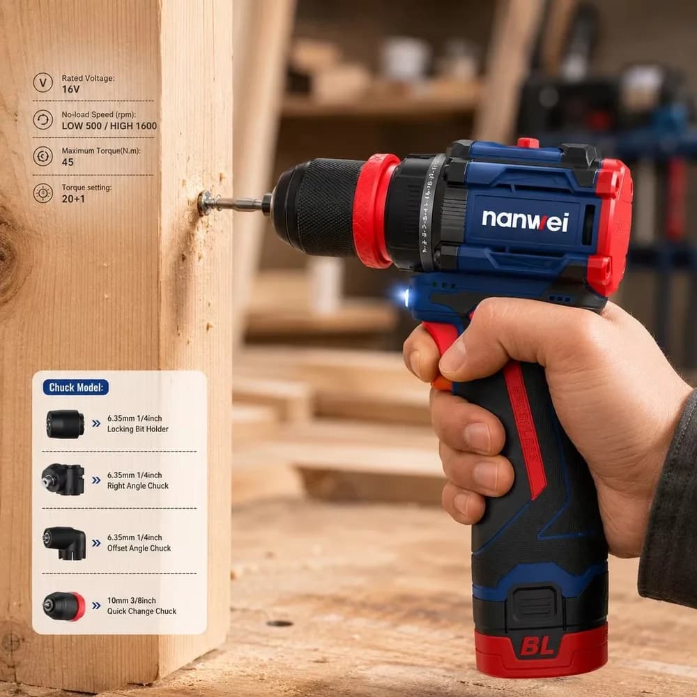 NANWEI 4in1 16V Cordless Drill Set Electric Screwdriver Portable Compact Power Tool Brushless 10mm Impact Drill for