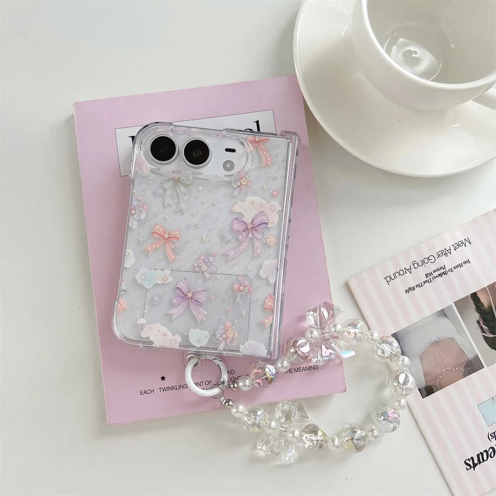 Kawaii Floral Bow Cloud Pattern Case For iPhone Duo Removable Sparkly Bead Chain Clear Hard Shell Shockproof Protective Cover