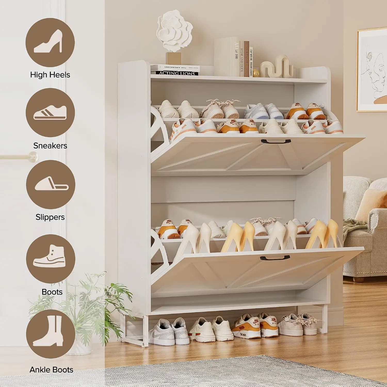 Shoe Cabinet for Entryway with 2 Flip Drawers,Narrow Wooden Shoe Storage Cabinet with Metal Legs,Hold 24 Pairs, 4-Tier Adjustabl