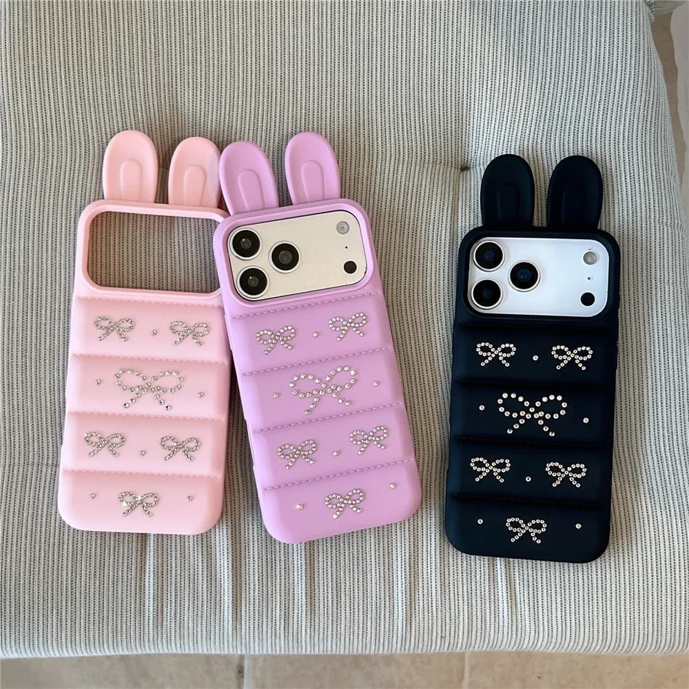 New luxury 3D Bling Rhinestone Rabbit Ears design Phone Case For iPhone 17 16 15 14 13 12 Pro Max 14 Plus Aesthetics Shell