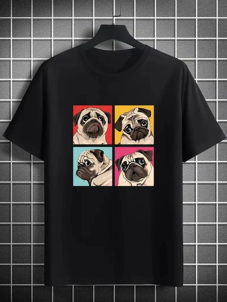 Cartoon Pug pattern design -100% cotton summer O-neck short sleeve casual printed men's T-shirt.