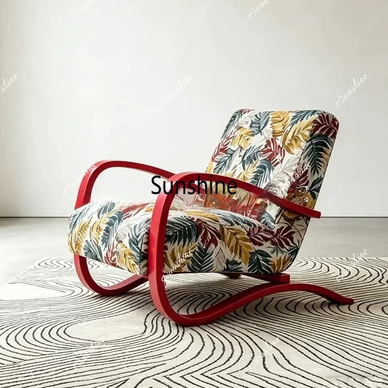 Retro red single sofa leaf printing fabric living room leisure chair