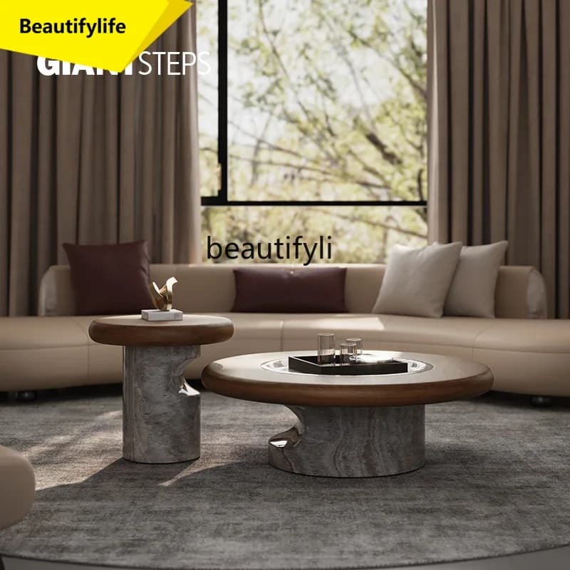 K185 Natural Marble Coffee Table for Living Room, New High-End Feel, Travertine Minimalist Round Shape
