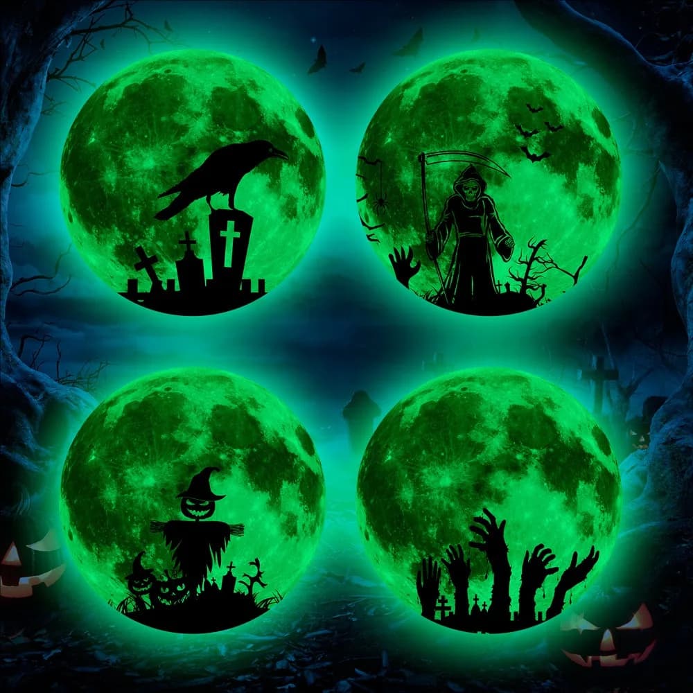 30cm PVC Circular Luminous Self-adhesive Moon Wall Sticker Crow Death God Cross Ghost Hand Halloween Party Home Decoration