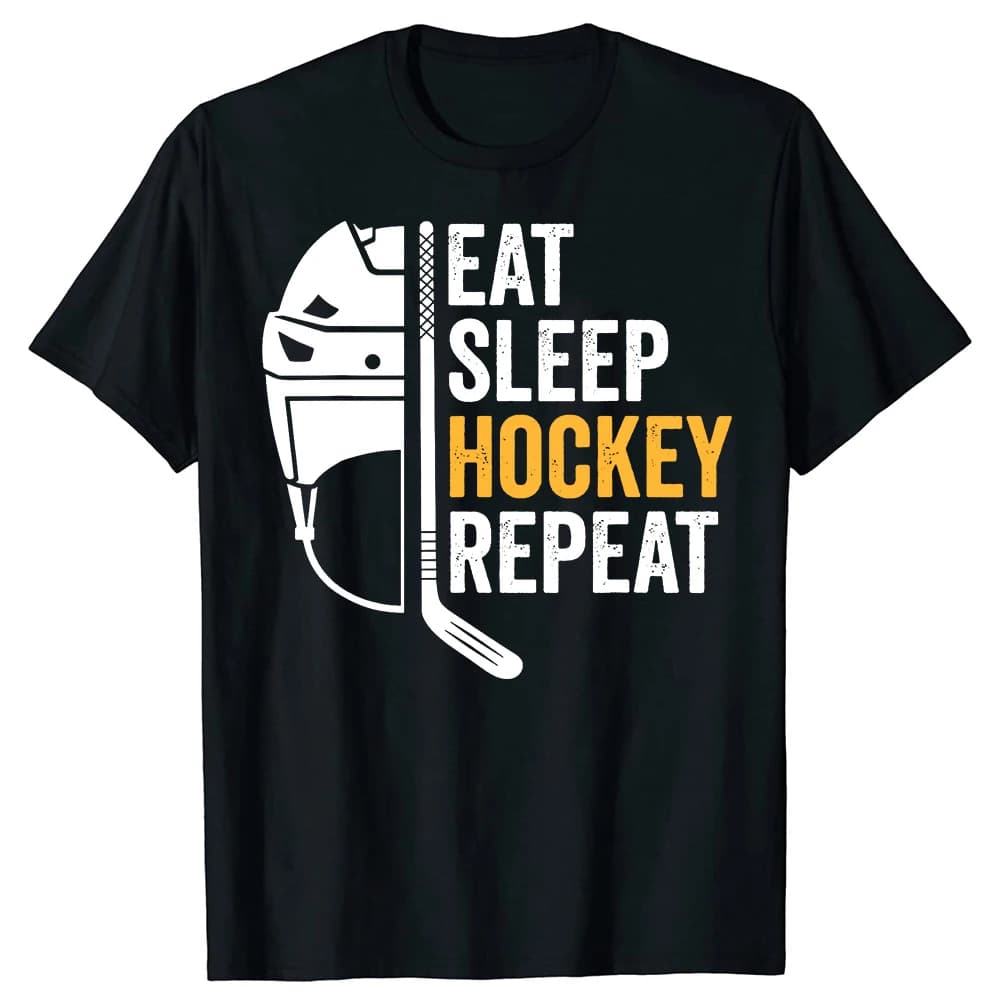 Funny Eat Sleep Hockey Repeat Graphic T-shirts Men Women's Fashion Casual Tshirt 100% Cotton Loose Ice Hockey Retro T Shirt