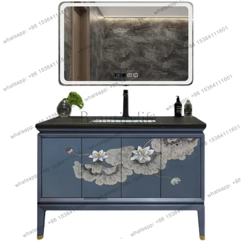 Light luxury Nordic simple bathroom cabinet painted solid wood floor-to-ceiling bathroom cabinet marble slate washbasin