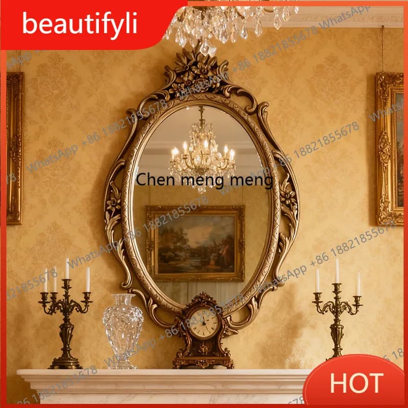 D80 Oval decorative mirror European classical retro mirror living room wall-mounted carved art bathroom mirror