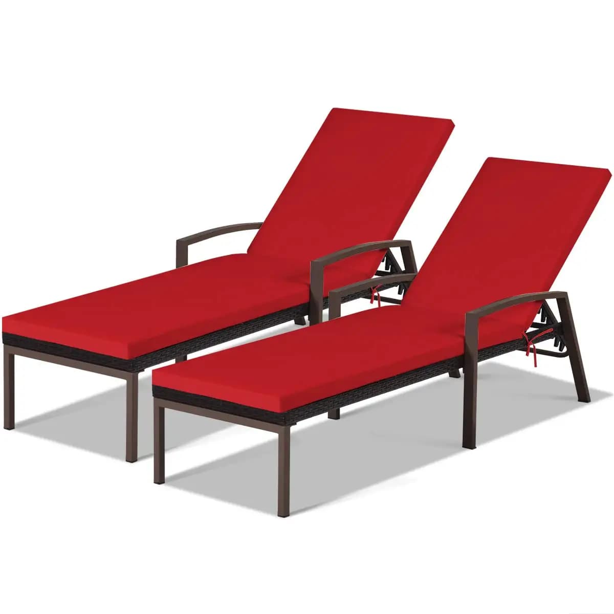 Rattan Lounge Chair Outdoor, Patio Wicker Chaise Lounge (Red) with 5-Position Adjustable Backrest, Soft Cushion & Arm rest