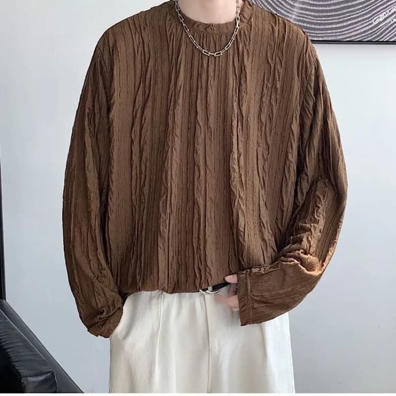 Japanese Style Long Sleeved T-shirt Spring Autumn Men's Textured Round Neck Pullover Sweatshirts Youth Foam Pleated Loose Top