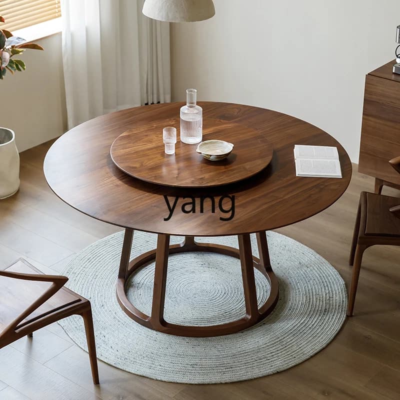 LMBlack Walnut Dining Table Full Solid Wood Round Table Chair Combination Household Dining Table Restaurant Modern