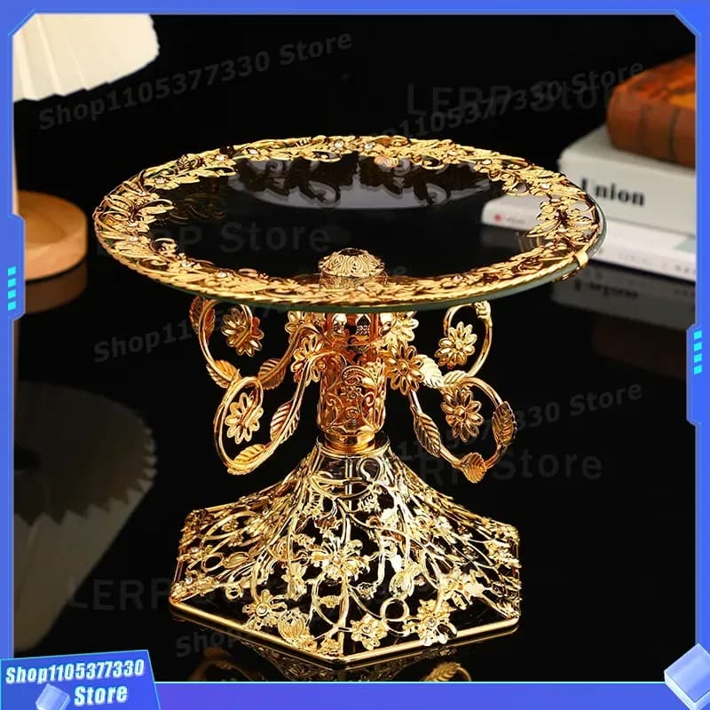 European Style Metal Fruit Plate Hollow Design One Layer Base for Dried Fruit Cake Display Living Room Coffee Table Home