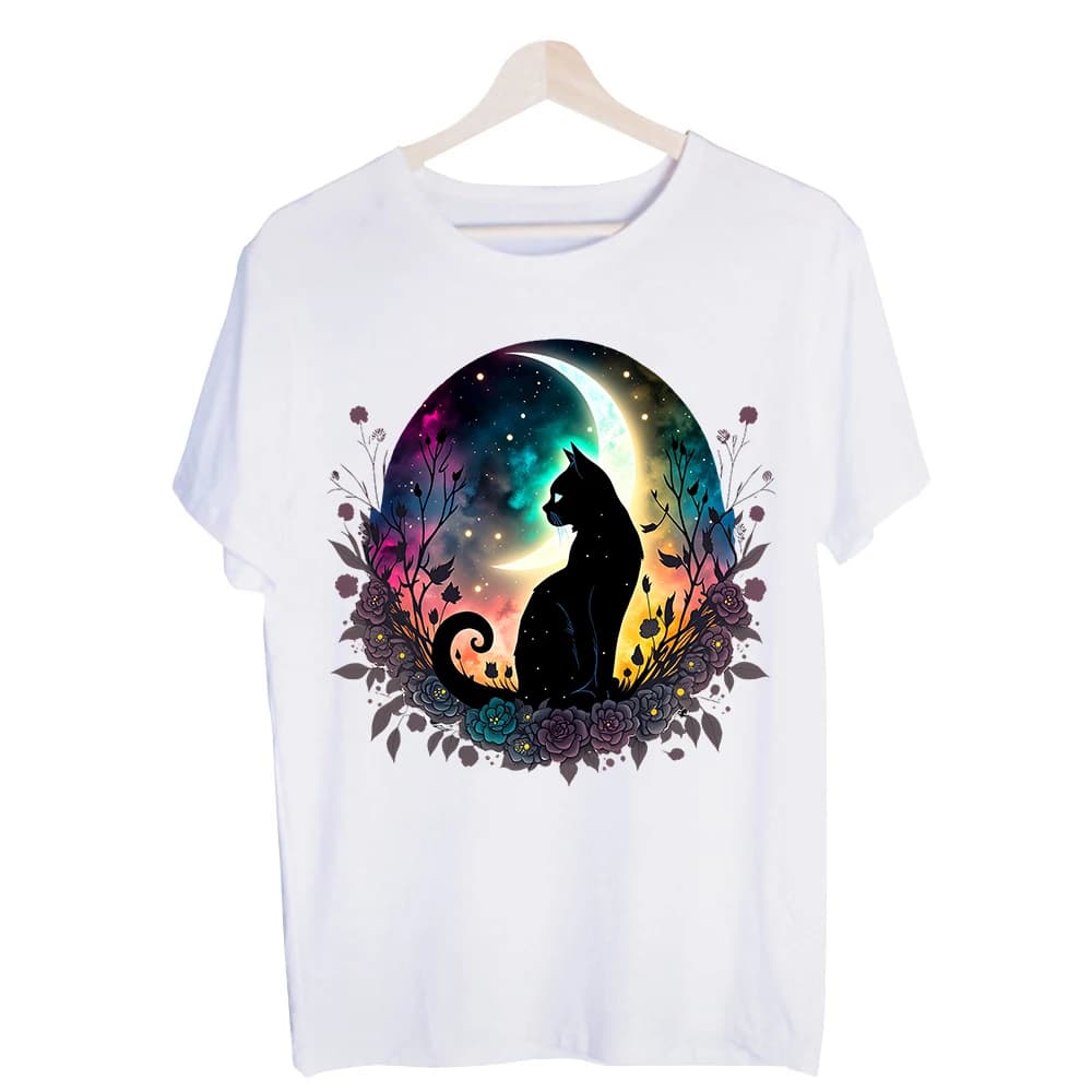 Women's Black Cat Moon Graphic Tee, Artistic Floral Print Short Sleeve T-Shirt for Casual Daily Wear and Summer Outfits