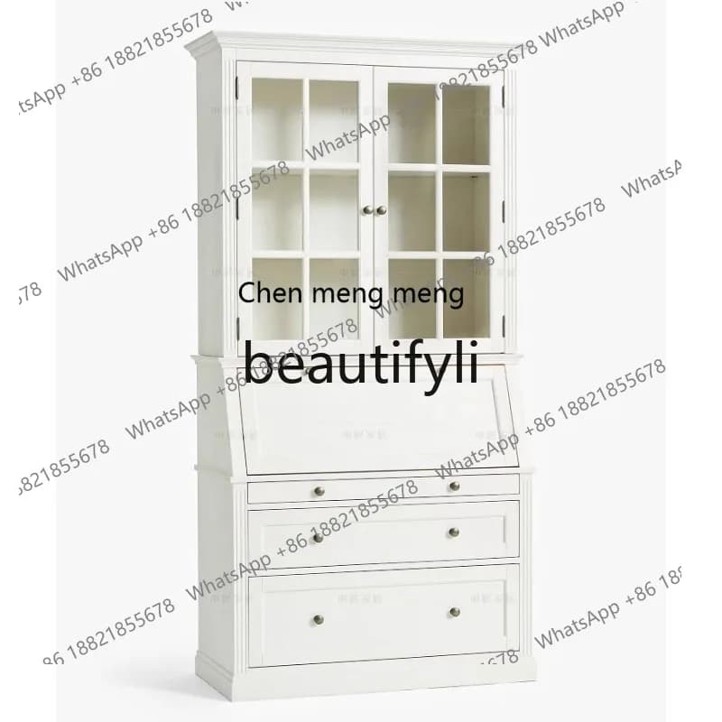 American Nordic all-solid wood desk cabinet bookshelf combination integrated flip dresser multi-functional writing deskH