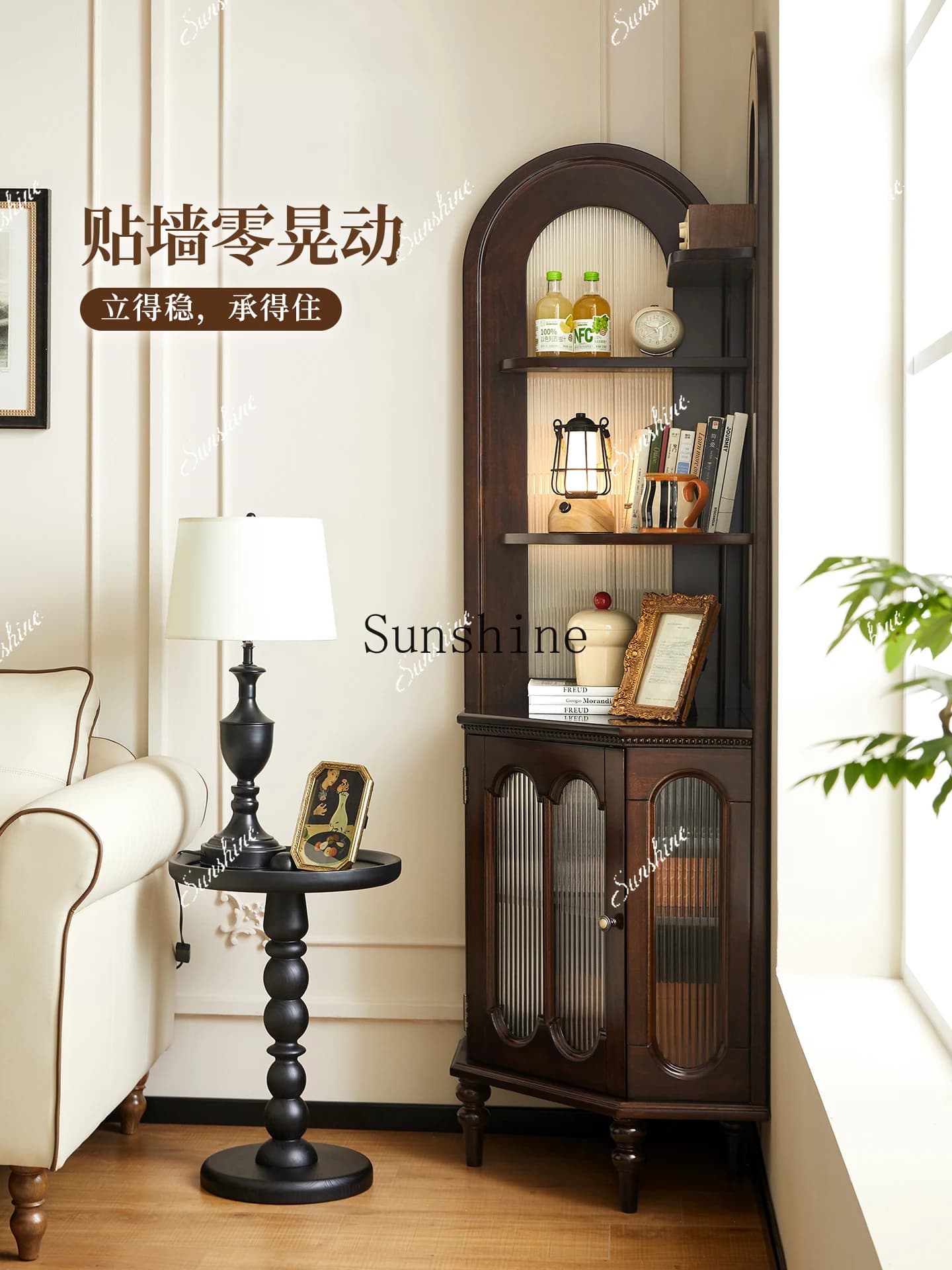 American style solid wood corner triangular cabinet shelf display living room integrated wall corner storageP
